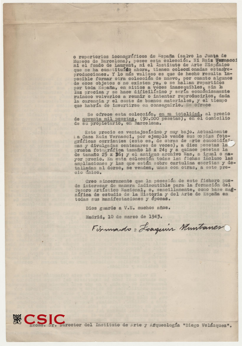 Carta 1. Joaquín Montaner al Marqués de Lozoya, director del Instituto Diego Velázquez. 10 de marzo de 1943. Signatura: ATN/IDV/043/006