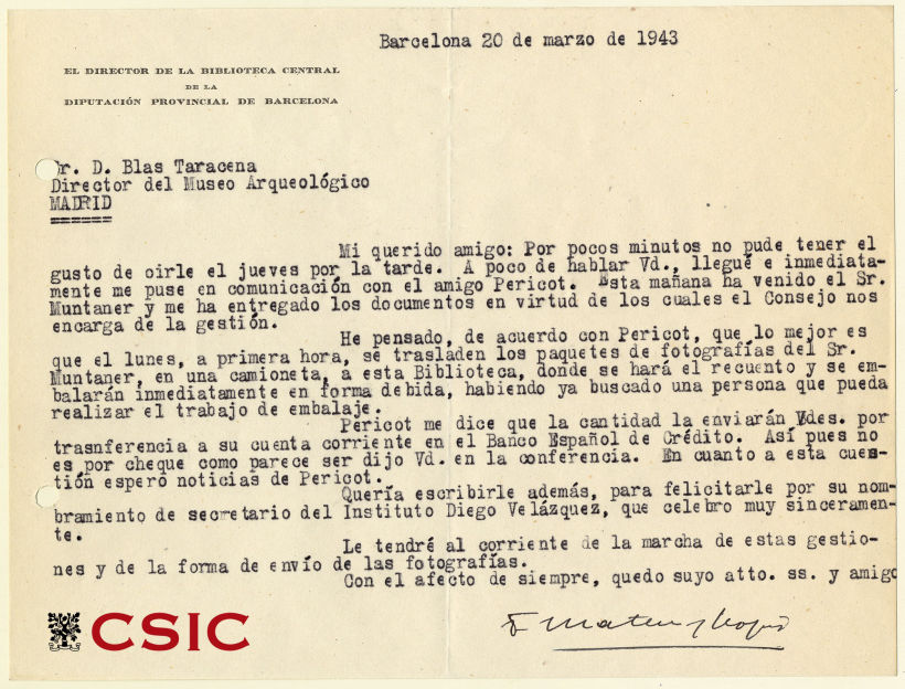 Carta 2. Felipe Mateu y Llopis a Blas Taracena, Secretario del Instituto Diego Velázquez. Barcelona, 20 de marzo de 1943. Signatura: ATN/IDV/043/006.