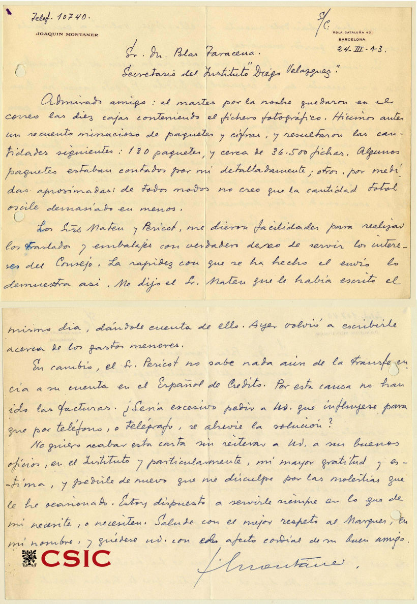 Carta 4. Joaquín Montaner a Blas Taracena. 24 de marzo de 1943. Signatura: ATN/IDV/043/006.
