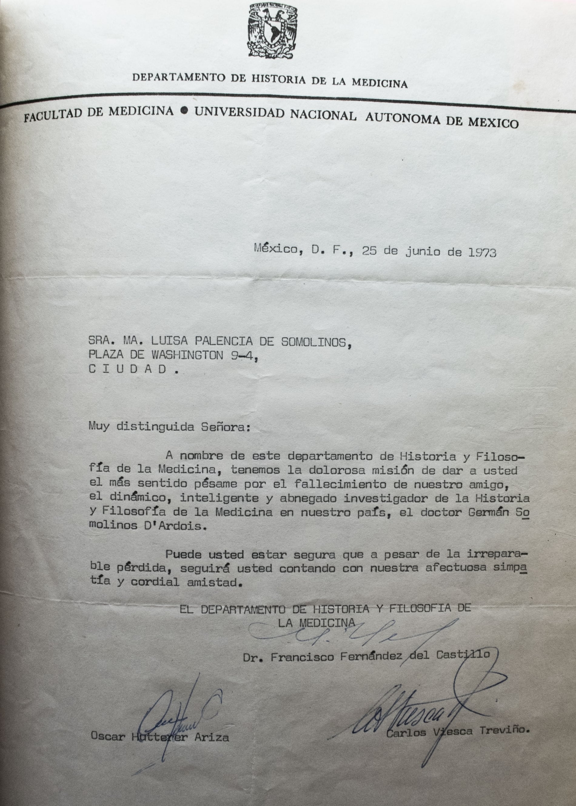 Carta departamento Historia y Filosofía de la Medicina de la UNAM